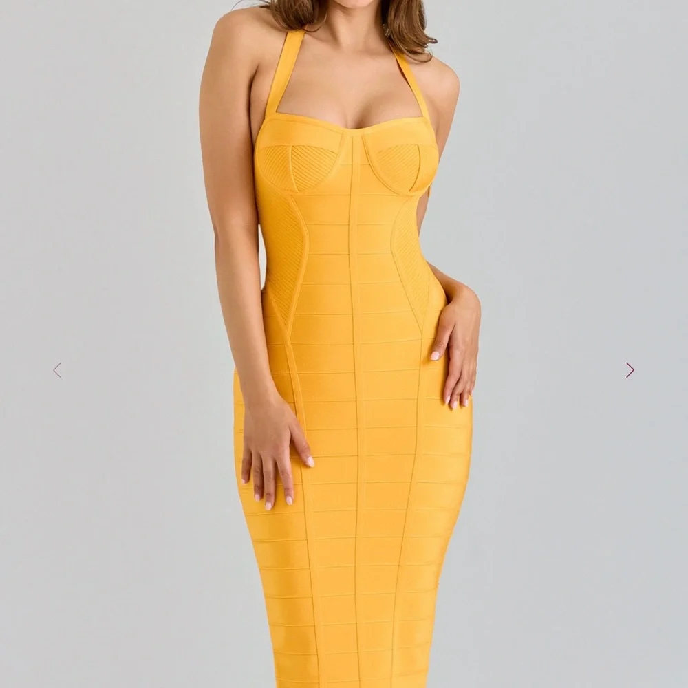 house of cb yellow midi dress House of CB Cream Halter Floral Midi Dress with Yellow Roses